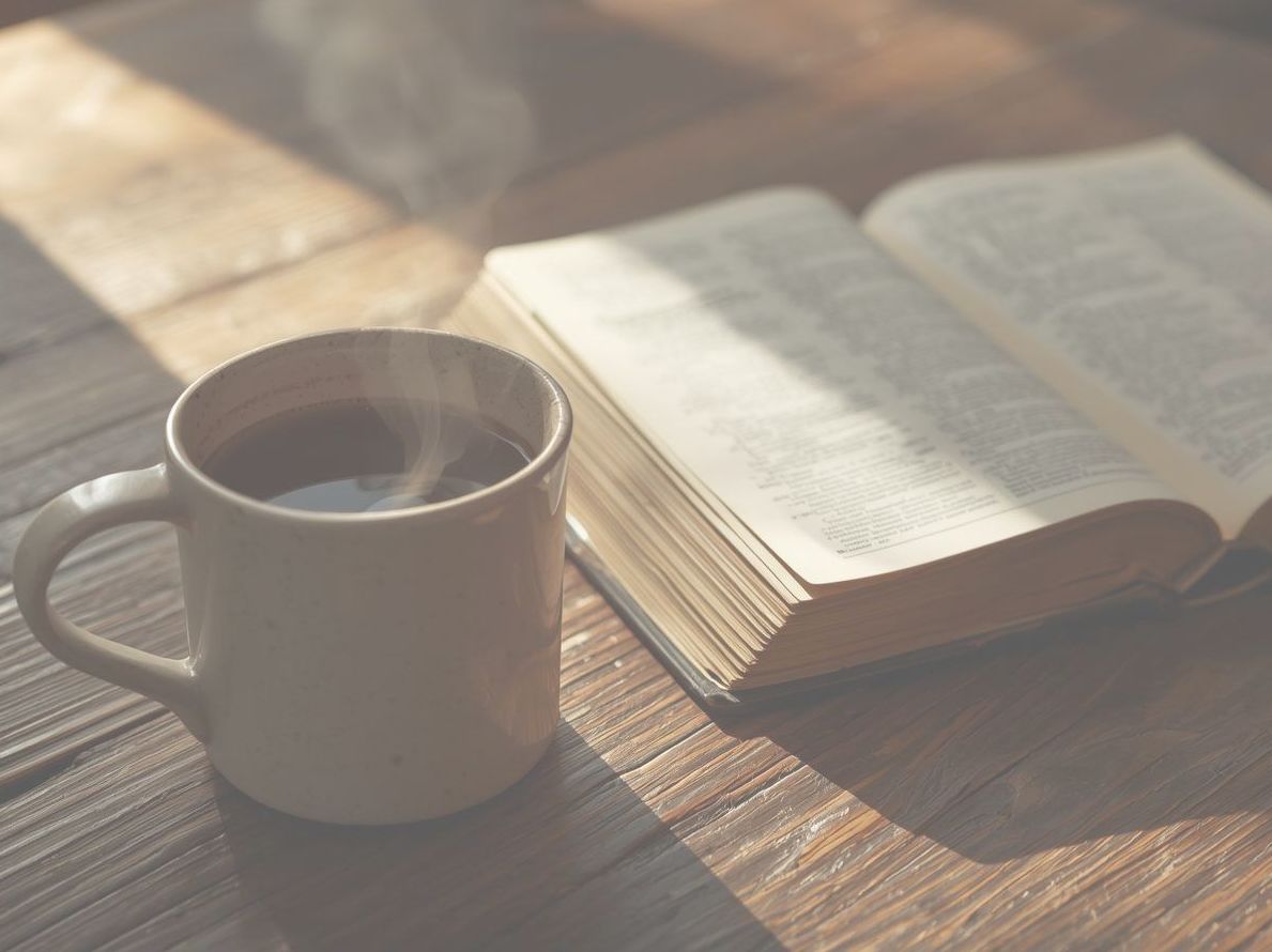 A cup of coffee sitting on a table next to an open English bible